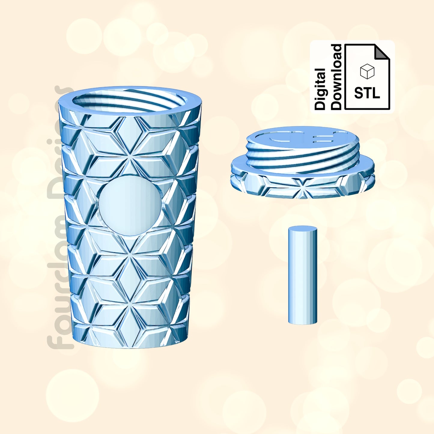 Snowflake Tumbler Keychain with Removable Screw Top Pill Box Hex STL File for 3D Printing - Digital Download