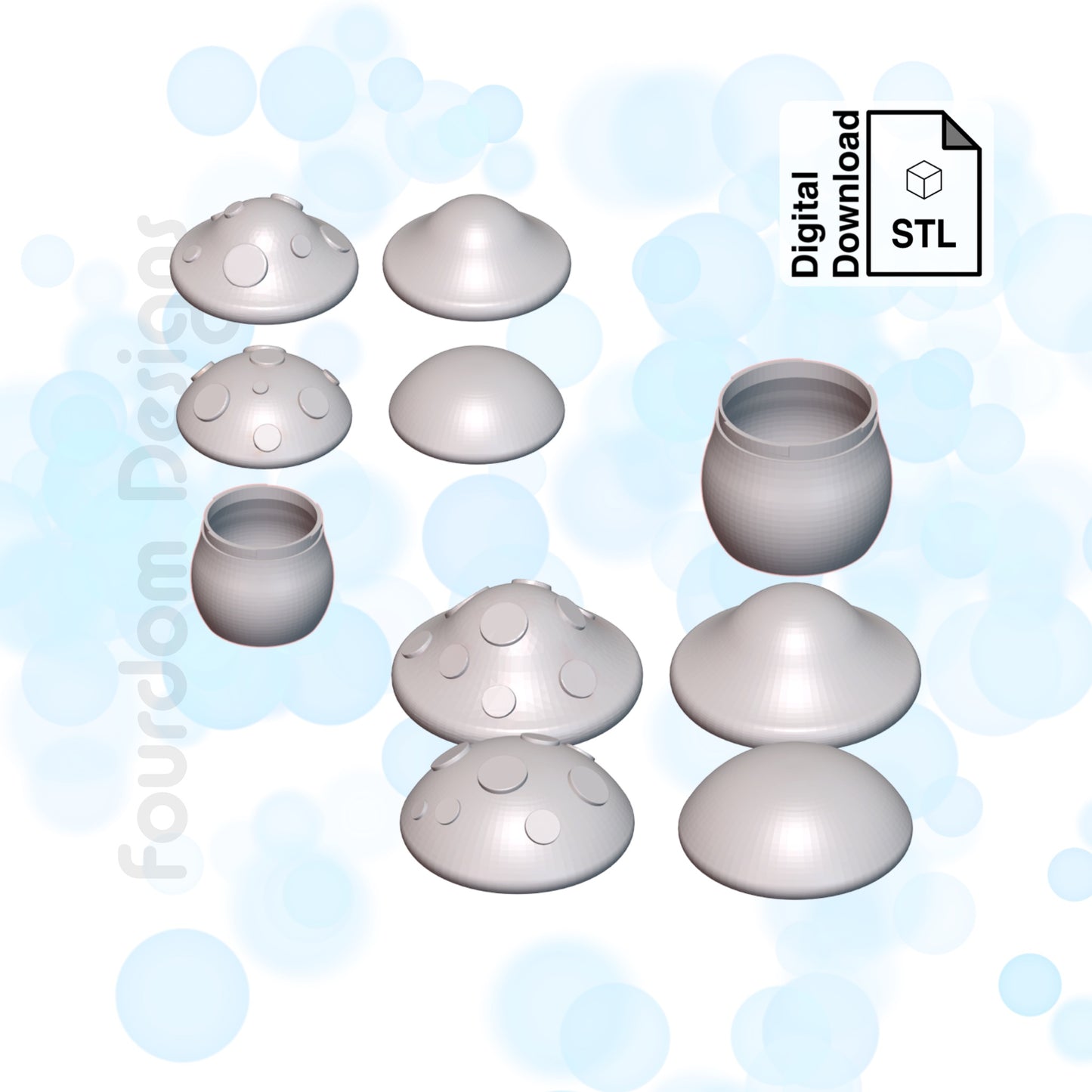 Mushroom Containers with Removable Tops STL File for 3D Printing - Digital Download