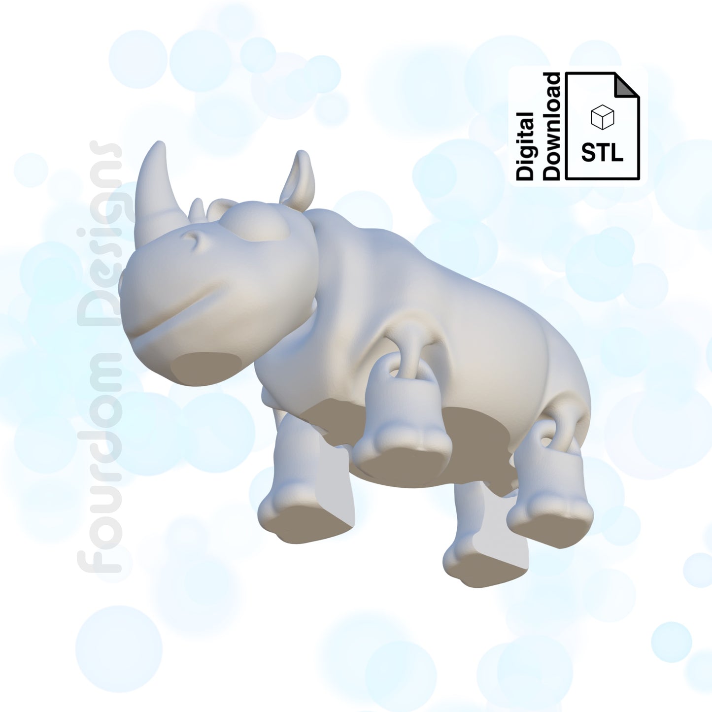 Rhinoceros STL File for 3D Printing Flexi Print In Place Articulating Wiggle Pet - Digital Download