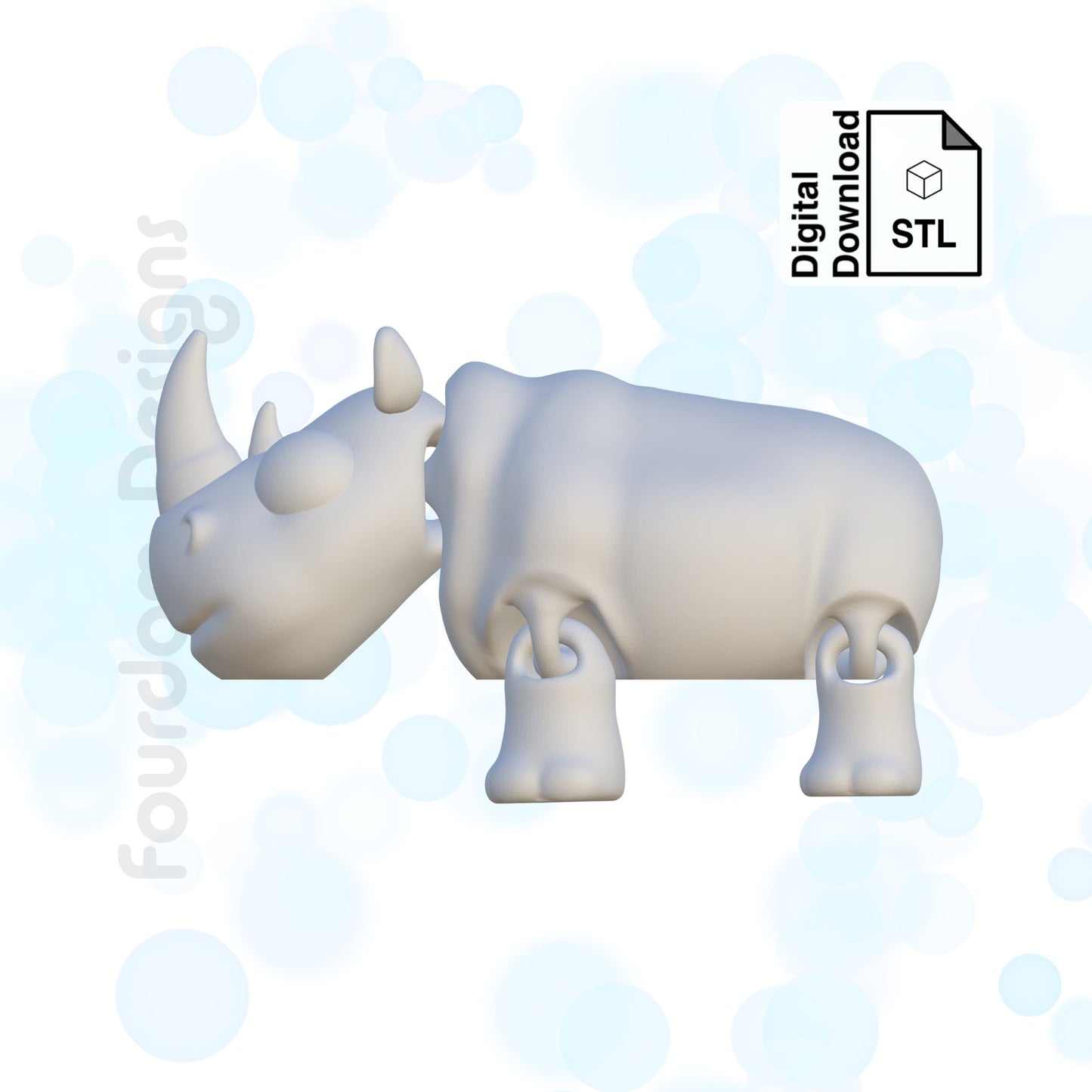 Rhinoceros STL File for 3D Printing Flexi Print In Place Articulating Wiggle Pet - Digital Download