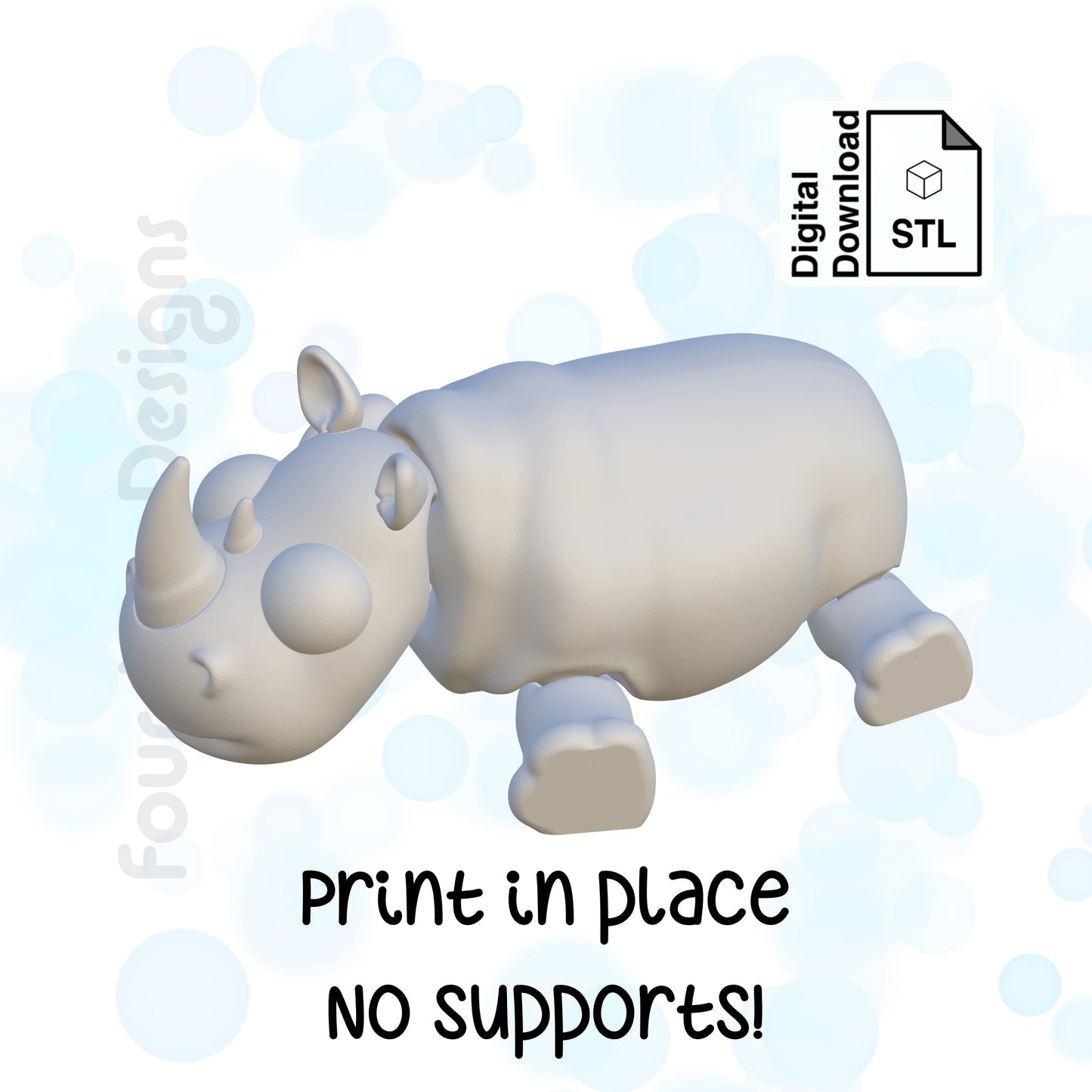 Rhinoceros STL File for 3D Printing Flexi Print In Place Articulating Wiggle Pet - Digital Download