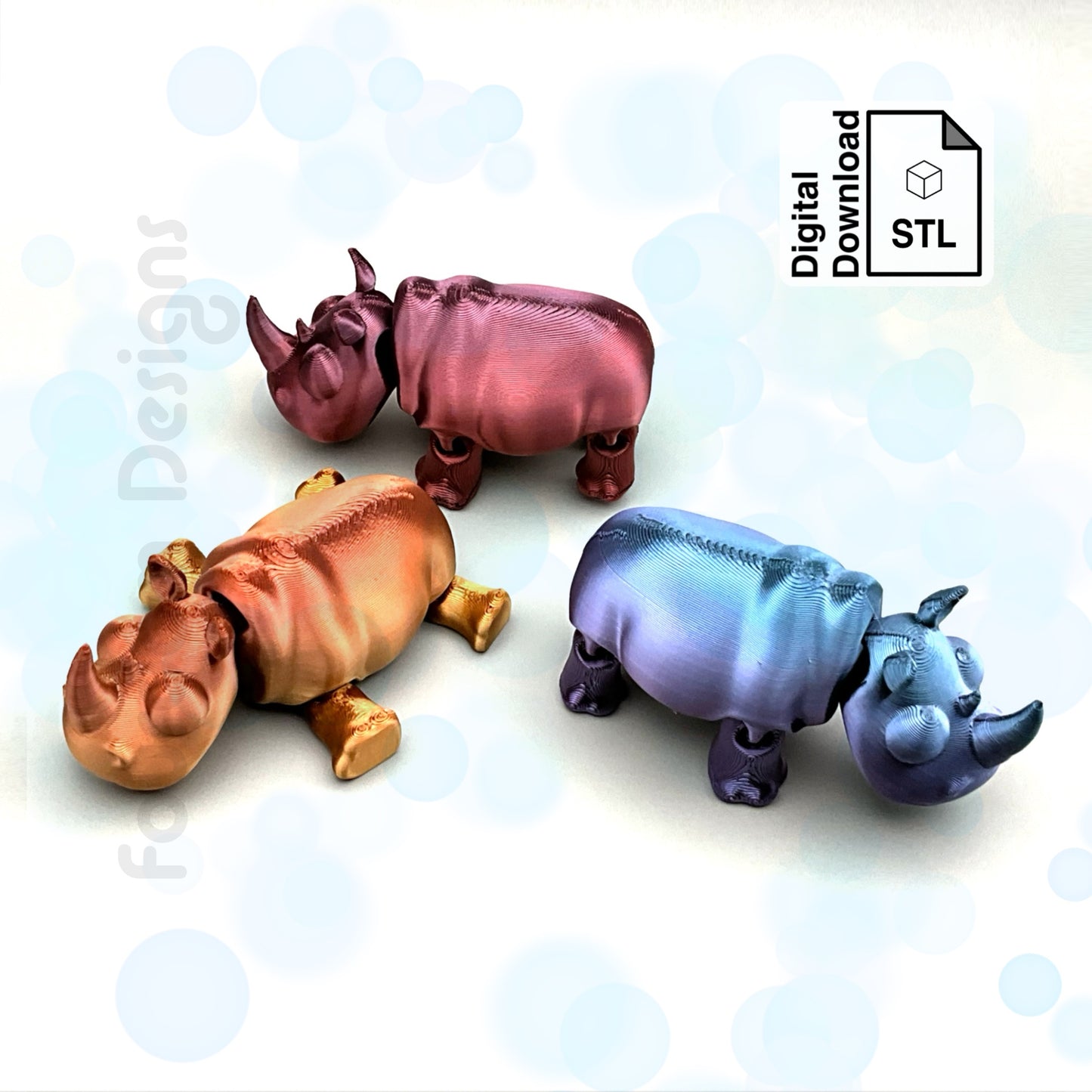 Rhinoceros STL File for 3D Printing Flexi Print In Place Articulating Wiggle Pet - Digital Download