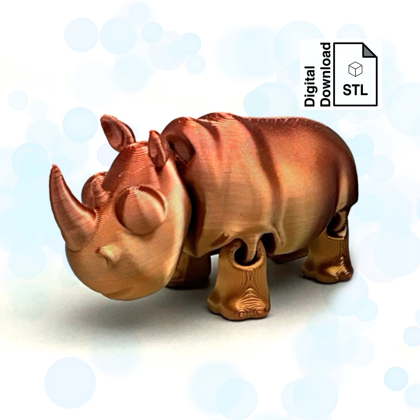 Rhinoceros STL File for 3D Printing Flexi Print In Place Articulating Wiggle Pet - Digital Download