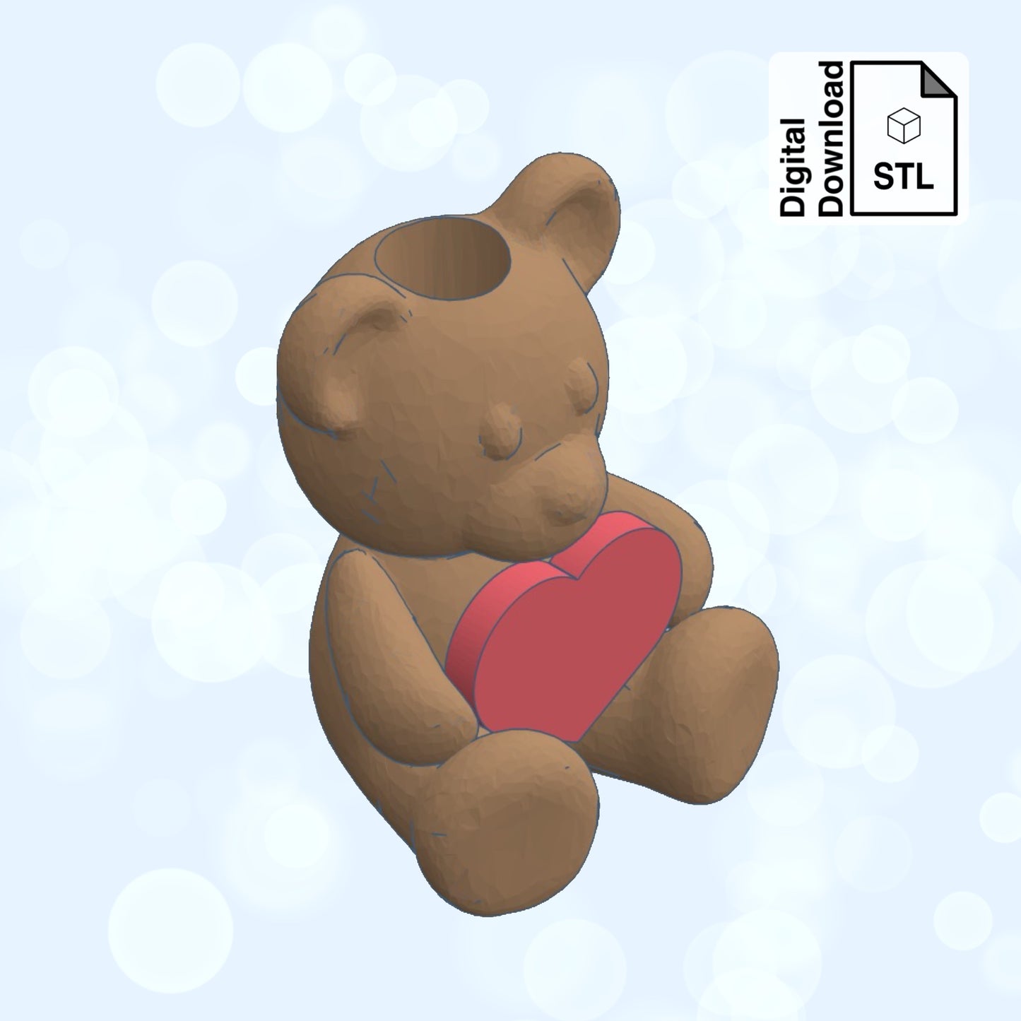 Valentine's Bear Straw Topper Straw Buddy STL File for 3D Printing - Digital Download
