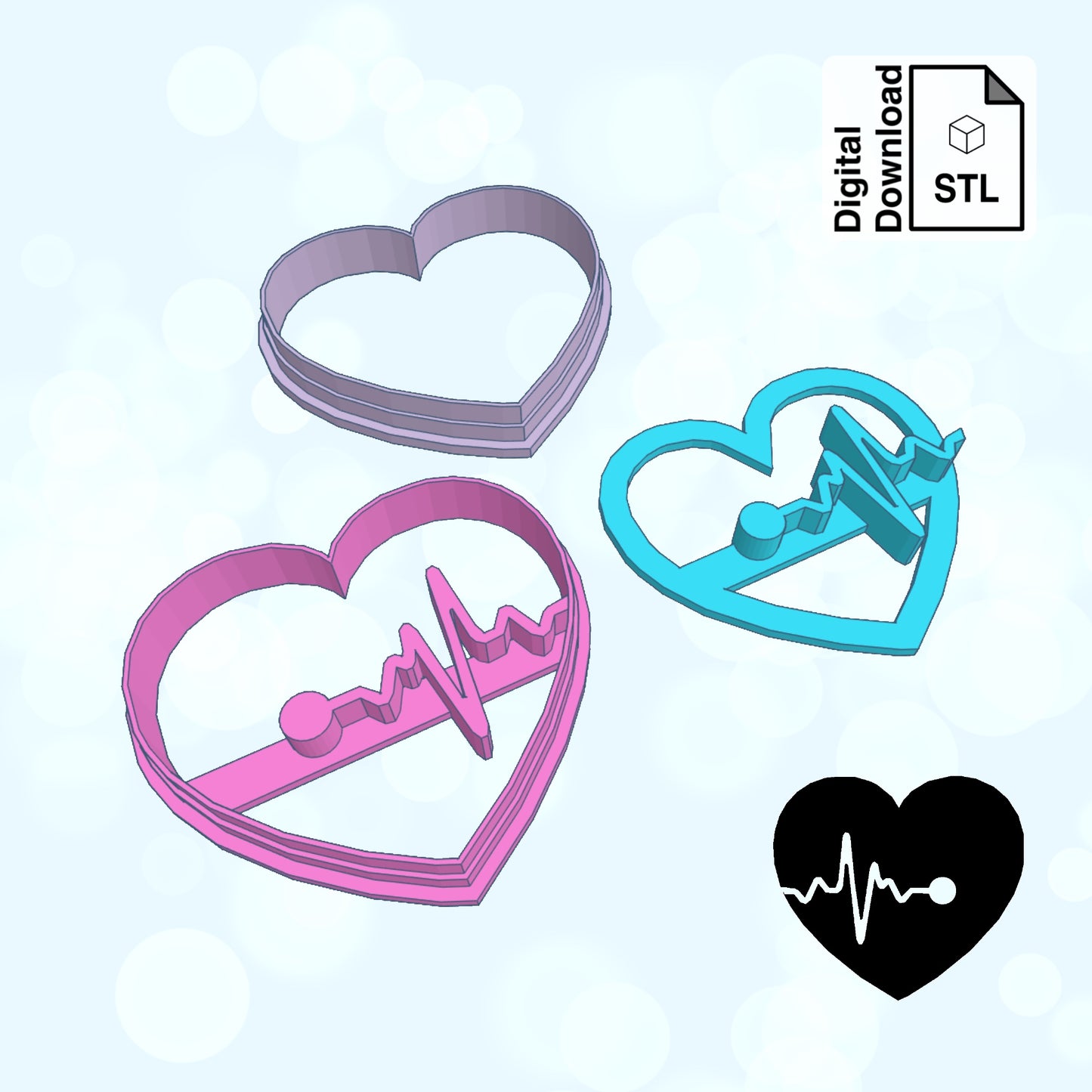 Heart and EKG Line Instant Digital Download STL File for Cookie Cutter Fondant Cutter Clay Cutter 3D Model for 3D Printing